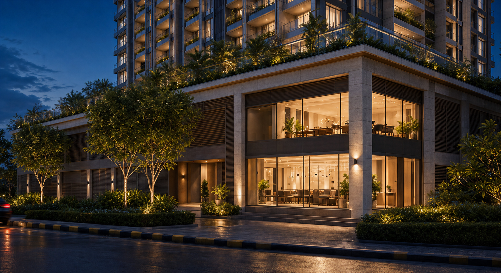 Conceptual view of the two stacked commercial units at one building corner