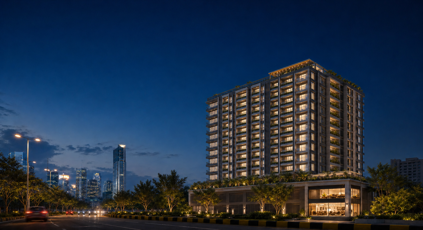 Conceptual elevation with two podiums, thirteen residential floors and two corner commercial units
